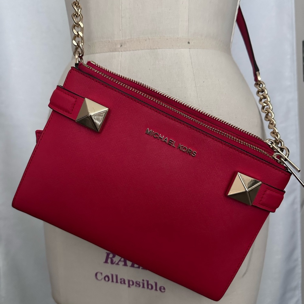 Michael Kors Red Crossbody Bag with Gold-Tone Chain and Pyramid Studs